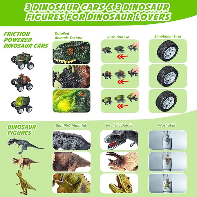 Dinosaur Toy Trucks with 3 Dino Cars & 3 Dino Figures, Sound Light Transport Carrier Truck Dinosaur Toys for Kids 3-5-7, Toddler Boy Toy for 3 4 5 6 7+ Year Old Boy Birthday Gifts Christmas