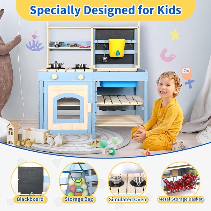 2 in 1 Mud Kitchen for Kids,Outdoor Play Kitchen & Grocery Store with Sink & Faucet,Blackboard,Utensils,Stove Top,Storage Bag,Backyard Garden Worktop Toy Toddler Kitchen for Boys and Girls