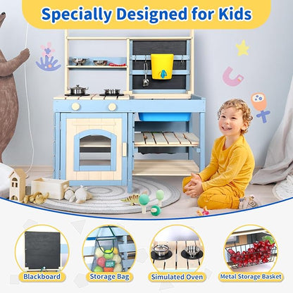 2 in 1 Mud Kitchen for Kids,Outdoor Play Kitchen & Grocery Store with Sink & Faucet,Blackboard,Utensils,Stove Top,Storage Bag,Backyard Garden Worktop Toy Toddler Kitchen for Boys and Girls