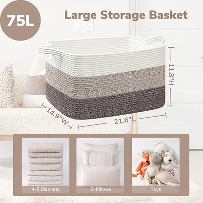 Goodpick Large Woven Storage Basket, 21.6"x14.9"x11.8", Blanket Storage for Bedroom and Living Room, Rectangle Rope Baskets for Storage, White Brown