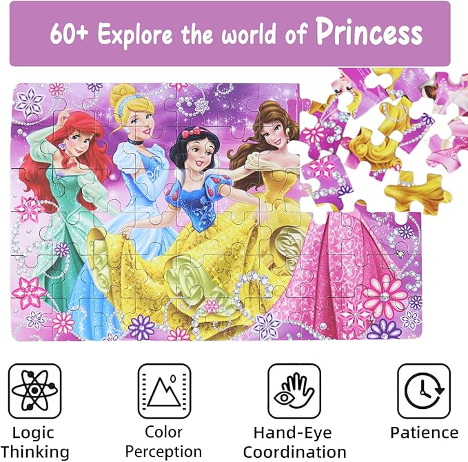 Princess Puzzles for Kids Ages 4-8 60 Pieces Puzzles for Kids Ages 3-5 Princess Puzzle for Girls and Boys Toys Jigsaw Puzzles in a Metal Box Educational Puzzles (Princess 0685)