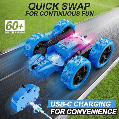 Remote Control Car, RC Cars Toys for Kids Ages 6-12, 4WD Stunt Car with LED Lights & 360° Flips, 2.4GHz, Upgraded USB-C Modular Batteries, 8-10 Year Old Boys 1-Blue