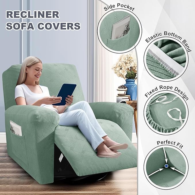 JIVINER Recliner Chair Covers, Jacquard 3 Piece Slipcovers for Recliner Chair Soft Stretch Lazy Boy 1 Seater Reclining Protector with Pockets (Recliner, Pea Green)