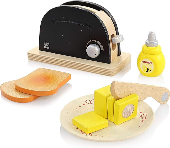 Hape Wooden Black Pop up Toaster Set| Pretend Play Kitchen Playset with Toast, Butter and Honey for Preschoolers Ages 3 Years and Up