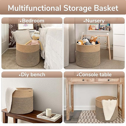 Goodpick Large Cotton Rope Basket 15.8"x15.8"x13.8" Wicker Basket for Blankets, Toy Storage for Living Room, Jute