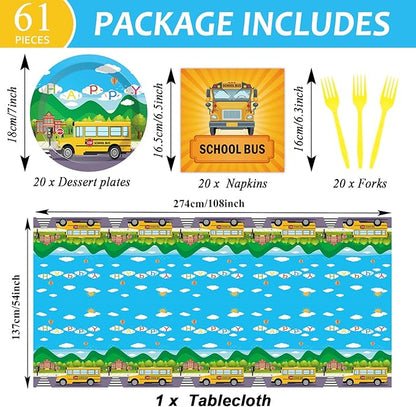 School Bus Birthday Party Supplies Back to School Decorations School Bus Theme Party Tableware Includes Plates Napkins Fork and School Bus Tablecloth for Kindergarten Parties Decorations Set Serve 20