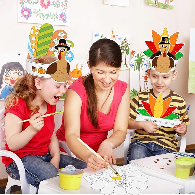 Color Your Own Turkey Crowns,24Pcs Thanksgiving Turkey Coloring Crowns Paper Turkey Hats Thanksgiving Crafts for Kids Family Classroom School and Holiday Craft Activity