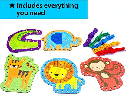 KRAFUN Beginner Preschool Lacing Card Kit for Kids Arts & Crafts, 5 Easy Safari and Animal Lacing Projects, Lacing Cards for Toddlers, Fine Motor Skills Training Toys