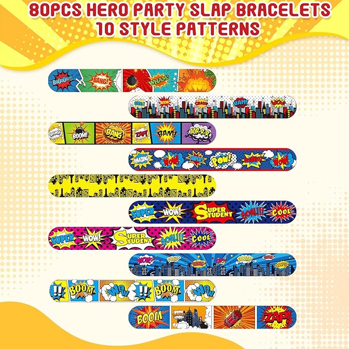 Junkin 80 Pieces Hero Tie Dye Party Favors Slap Bracelets for Kids Boys Girls Snap Bracelets Party Supplies Wristband Birthday Supplies Decorations, 10 Styles (Hero)