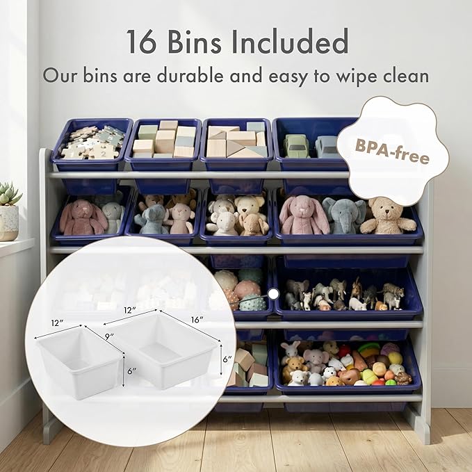Humble Crew Supersized Toy Storage Organizer with 16 Removable Bins, Grey/Navy – Large Toy Storage for Toddlers Ideal for Kids' Rooms, Playrooms, and Nurseries - Modern Toy Bins for Kids