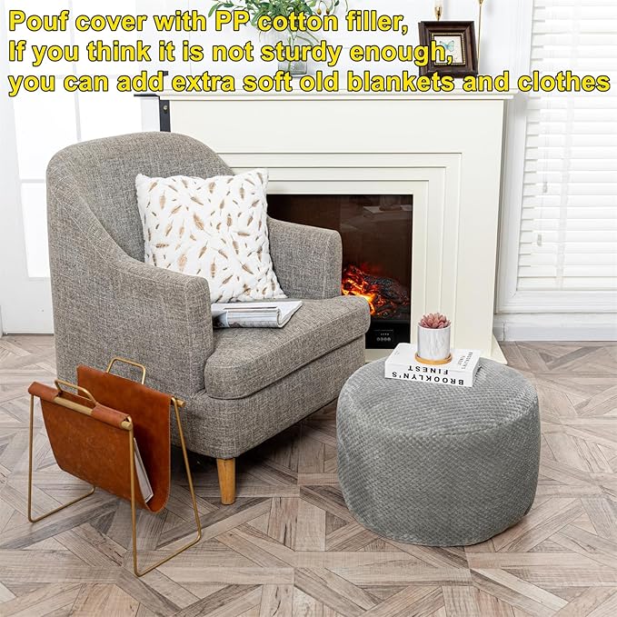 Asuprui Pouf Ottoman Stuffed Pouf Ottoman Foot Rest Soft Foot Stool 20x20x12 Inches Fuzzy Chair Floor Pouf Chair Foot Rest with Storage for Living Room Bedroom Gray Pouf with Filler
