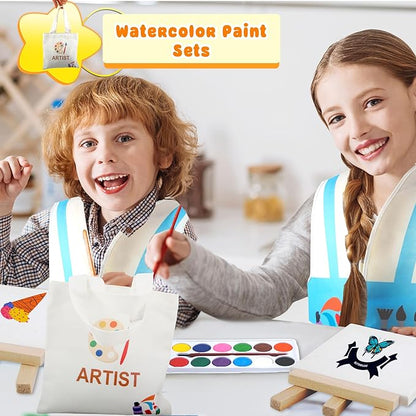 4 Pcs Child Artist Costumes Set Include Artist Painter Vest Mini Watercolor Paint Mini 3 x 3 Inch Canvas Wooden Easel with Artist Bags for Kids Halloween Career Dress Up Painting Party