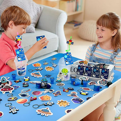 LiYiQ 161 Pcs Space Party Favors with Cup Straws Stress Ball Space Pins Slap Bracelets Keychains Stamps Stickers Twist Ties and Gift Card for Kids Space Birthday Party Supplies (style 1)