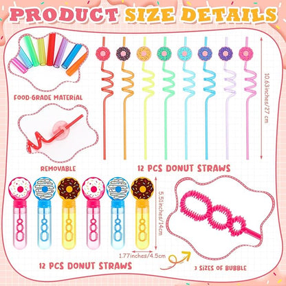 110 Pcs Donut Party Favors Include 12 Mini Donut Bubble Wands 12 Straws 12 Keychains 12 Donut Party Bags 12 Snap Bracelets 50 Stickers for Doughnut Birthday Party Gift Goodie Bag Fillers
