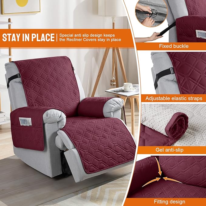 VANSOFY 100% Waterproof Recliner Chair Covers, Recliner Cover Non-Slip Dog Chair Cover Furniture Protector Washable Slipcover with Pocket, Elastic Straps for Pets, Dogs(Burgundy, 23.6")