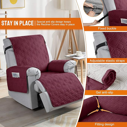 VANSOFY 100% Waterproof Recliner Chair Covers, Recliner Cover Non-Slip Dog Chair Cover Furniture Protector Washable Slipcover with Pocket, Elastic Straps for Pets, Dogs(Burgundy, 23.6")