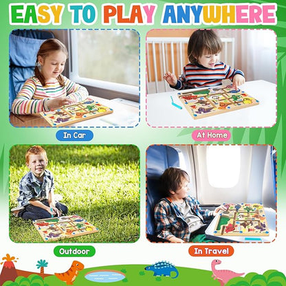 Magnetic Color and Number Maze Dinosaurs, Montessori Fine Motor Toys for 3+ Year Old, Wooden Matching Counting Educational Toys for Boys and Girls Toddlers Kids Gift