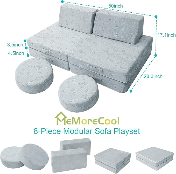 MeMoreCool Modular Kids Play Couch Sofa, Gray 8-Piece Fold-Out Convertible Toddler Couch with Rocket, Star, and Moon Patterns for Playroom