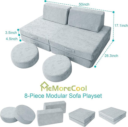 MeMoreCool Modular Kids Play Couch Sofa, Gray 8-Piece Fold-Out Convertible Toddler Couch with Rocket, Star, and Moon Patterns for Playroom