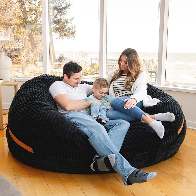 Big Joe Fuf XXL Foam Filled Bean Bag Chair with Removable Cover, Black Licorice Corded Plush, 6 feet Giant
