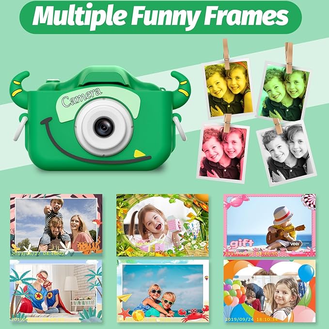 Goopow Kids Camera Toys for 3-8 Year Old Girls Boys,Children Digital Video Camcorder Camera with Cartoon Soft Cover, Best Chritmas Birthday Festival Gift for Kids - 32G SD Card Included (Green-NJ)
