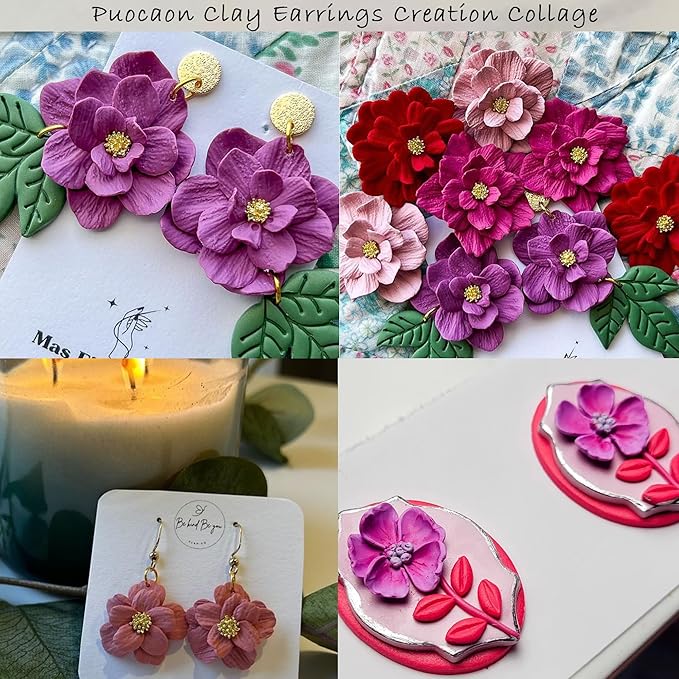 Puocaon Petal Polymer Clay Cutters - 20 Pcs Petal Clay Cutters for Polymer Clay Earrings, 30 Pcs Pistil Brass Charms 4 Petal Texture Clay Molds for Polymer Clay Jewelry, Flower Clay Jewelry Supplies