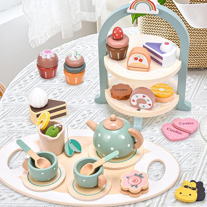 Atoylink Wooden Tea Party Set for Little Girls 28 Pcs Toddler Tea Set with Cupcake Stand & Food Pretend Play Accessories Kids Kitchen Playset Wooden Toys for 2 3 4 5 6 Year Old Girl Birthday Gift