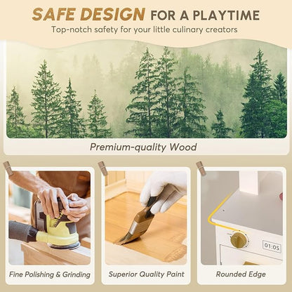 BIERUM Play Kitchen with Realistic Lights & Sounds, Wooden Kitchen Playset for Toddlers, Toy Kitchen with 26 Pcs Toy Food & Cookware Accessories, Gift for Boys & Gilrs Ages 3+