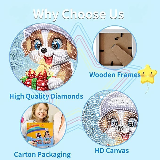 Christmas Diamond Art for Kids with Frame-Dog Kids Diamond Painting Kits,Animal Diamond Painting Kits for Kids 8-12 Full Drill Gem Art for Home Decor 7x7inch