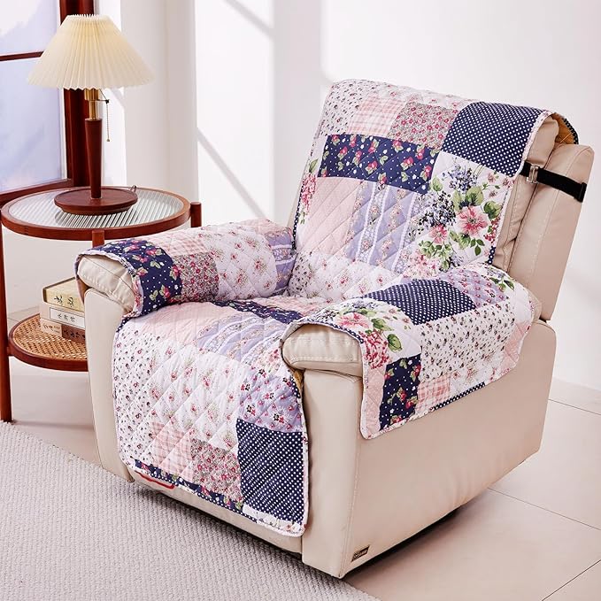 EVENHUG Chair Sofa Cover Patchwork Floral Chair Sofa Slipcover Washable Couch Covers Non-Slip Furniture Protector Cover with Elastic Straps for Pets Kids Dog Cat (Chair,Pink&Purple)