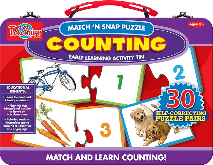 Bendon TS Shure Counting Numbers 30-Piece Matching Puzzle with Tin Storage Case Pre-School Kindergarten Learning 51472