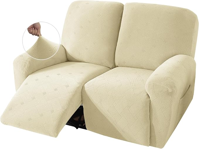 JIVINER Loveseat Recliner Covers, Jacquard 4 Piece Recliner Sofa Cover with Pockets Washable Lazy Boy Reclining Couch Protector with Elastic Bottom (Recliner Loveseat, Beige)