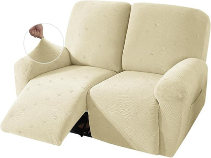 JIVINER Loveseat Recliner Covers, Jacquard 4 Piece Recliner Sofa Cover with Pockets Washable Lazy Boy Reclining Couch Protector with Elastic Bottom (Recliner Loveseat, Beige)