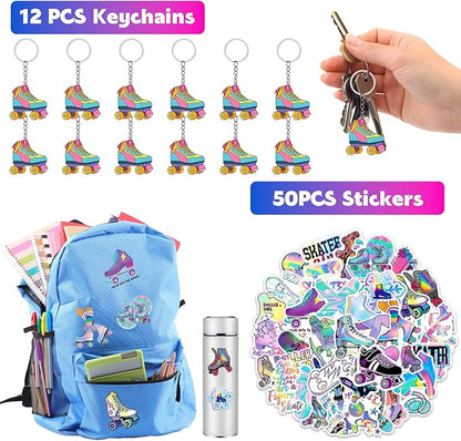 110PCS Roller Skate Party Favors with Slap Bracelets, Stickers, Key Chains, Pin Badges, Tattoos and Gift Bags for Kids Throwback 90s Hip Hop Roller Skating Birthday Party Decorations Supplies