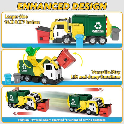 JOYIN Large Friction Powered Garbage Truck Toy Set, Includes 1 Dumpster, 3 Trash Bins, and 30 Learning Cards for Kids, Boy Toys Birthday Gift, Green