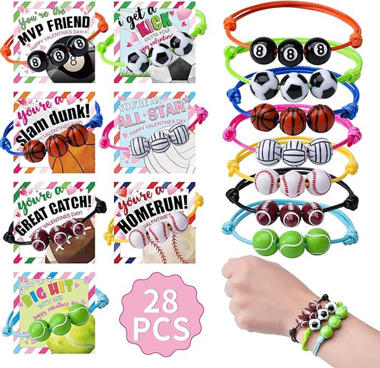 Valentines Day Cards for Kids School 28 Packs Valentines Day Gifts for Kids with Adjustable Sports Balls Bracelets Fit Kids Size Valentine School Classroom Prizes Gift Exchange Party Favors