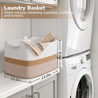 Goodpick Woven Storage Baskets for Organizing, Cotton Rope Organizer for Home Decor, 13"x10"x9" Gift Baskets Empty for Kids, Rectangle Laundry Basket with Handles, White & Camel Mix
