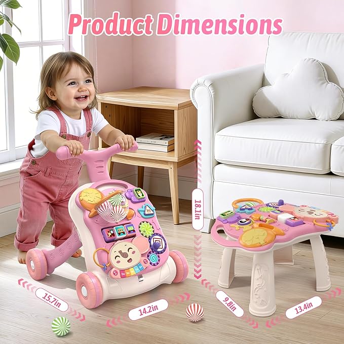 QDRAGON 3 in 1 Baby Walker and Activity Center for Girl, Learning to Walk, Sit to Stand, Early Educational Push Toys with Music Panel for Infant Toddler 12+ Months Pink