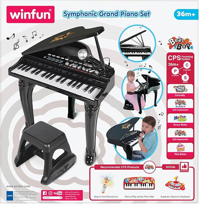 Winfun Symphonic Grand Piano Set for Kids 3+ Years 37 Keys 15 Demo Songs 8 Instruments & Rhythms Record & Playback Detachable Microphone Concert Stool Educational Music Toy