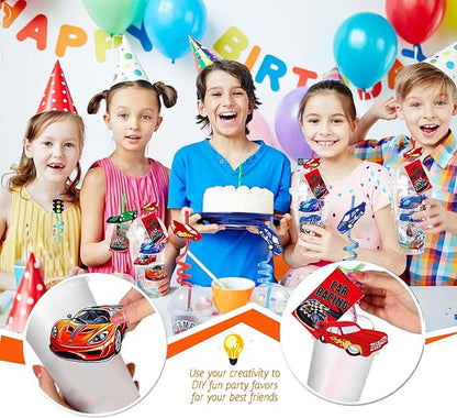 128 Pcs Race Car Party Favors, Race Car Birthday Party Decoration, Christmas Race Car Party Decoration, Including Cup Straw Buckle Bracelet Mini Car Stickers Keychain For New Year Gifts Party Supplies