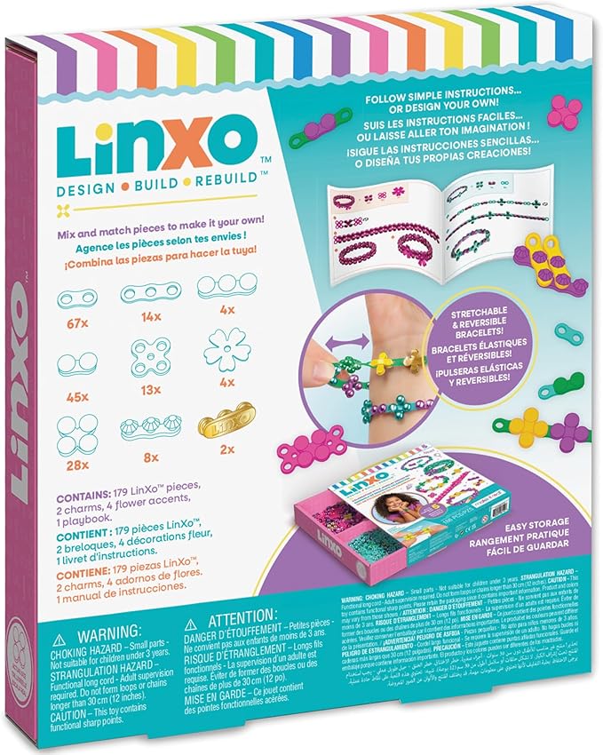 Make It Real: LinXo Celebration Jewelry Design Set - 186pcs, DIY 5 Flexible Bracelets, Design-Build-Rebuild, Craft Activity Kit, Girls & Kids Ages 6+