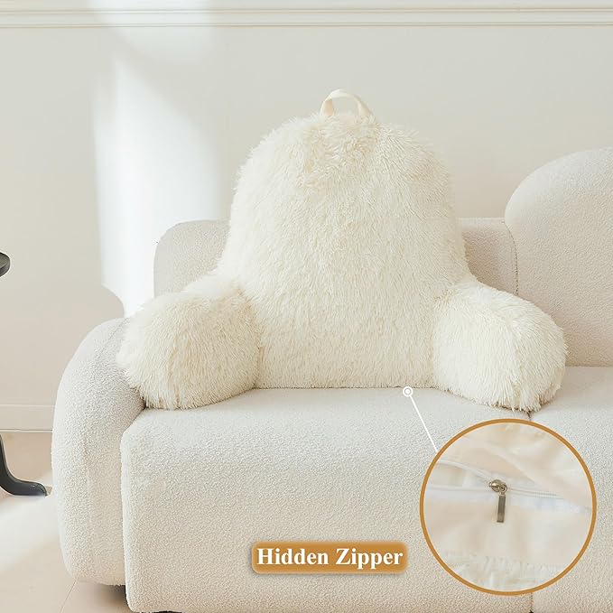 XeGe Faux Fur Reading Pillow Cover (No Filler), Fluffy Back Rest Pillow Case for Sitting in Bed, Adults Kids Shaggy Sit Up Back Support Study Pillow Cover with Arms Couch Chair Home Decoration, Beige