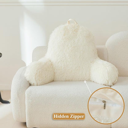 XeGe Faux Fur Reading Pillow Cover (No Filler), Fluffy Back Rest Pillow Case for Sitting in Bed, Adults Kids Shaggy Sit Up Back Support Study Pillow Cover with Arms Couch Chair Home Decoration, Beige