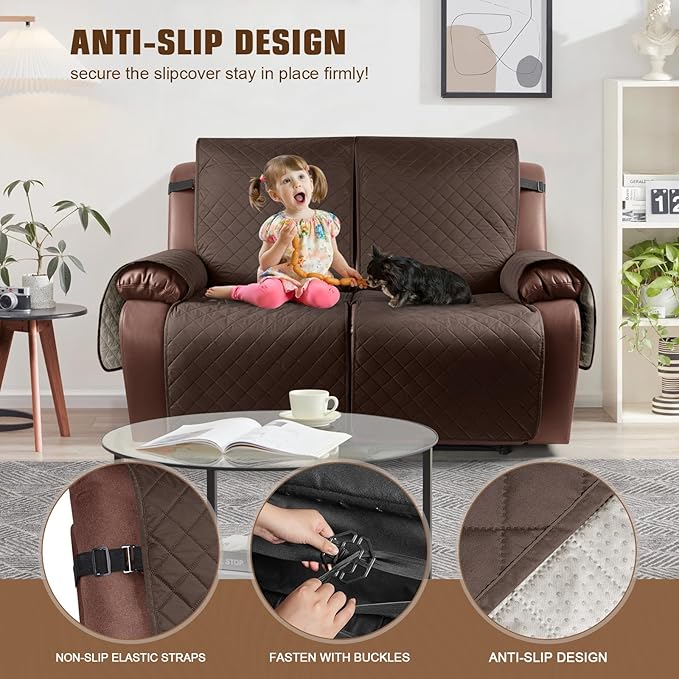 KinCam Waterproof Loveseat Recliner Cover, Non-Slip Reclining Couch Covers for 2 Seat, Recliner Sofa Cover Furniture Protector with Elastic Straps for Kids, Pets, Deep Brown