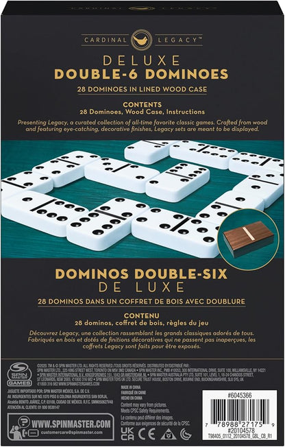 Spin Master Games, Cardinal Legacy Deluxe Double-6 Dominoes, Classic Board Game Set of 28 Dominoes in Lined Wooden Case, for Kids & Family, 1-4 Players, for Ages 8 & Up