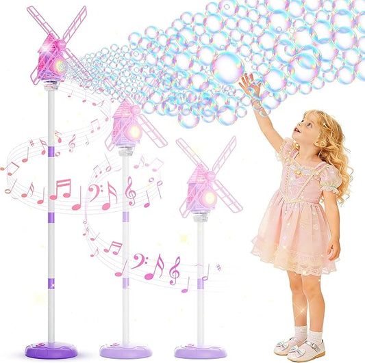 Windmill Bubble Machine for Kids, 51" Adjustable Height Bubble Maker with Light & Music, 130ml Tank, 10-Hole Battery Operated Bubble Blower for Toddlers, Backyard Outdoor Party Toys