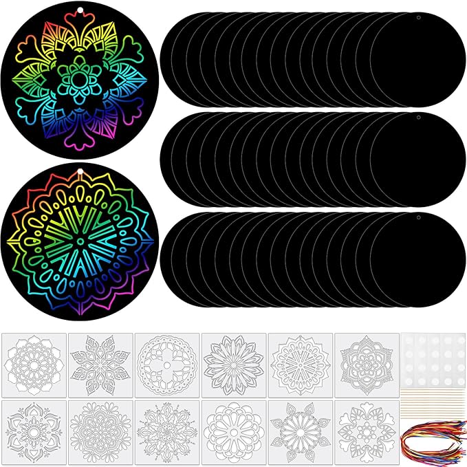 48 Pieces Mandala Scratch Cards Rainbow Xmas Scratch Paper for Kids DIY Round Ornaments with Drawing Stencils Wooden Stick and Ribbon Suitable Hobby for Adults, Kids, Teens and Seniors