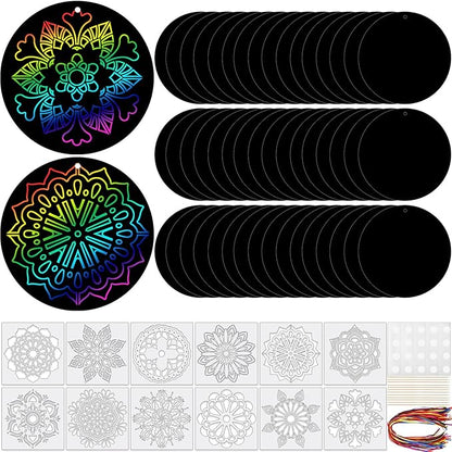 48 Pieces Mandala Scratch Cards Rainbow Xmas Scratch Paper for Kids DIY Round Ornaments with Drawing Stencils Wooden Stick and Ribbon Suitable Hobby for Adults, Kids, Teens and Seniors