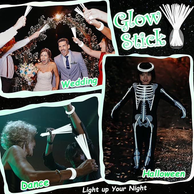 100 pk 8" White Glow Sticks Bulk Party Favors, Light up Glow Necklaces & Bracelets in the Dark Party Supplies For Christmas Halloween 4th of July Birthday Neon Party (100 * White)