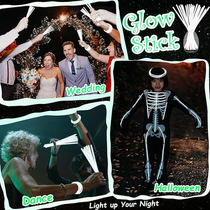 100 pk 8" White Glow Sticks Bulk Party Favors, Light up Glow Necklaces & Bracelets in the Dark Party Supplies For Christmas Halloween 4th of July Birthday Neon Party (100 * White)